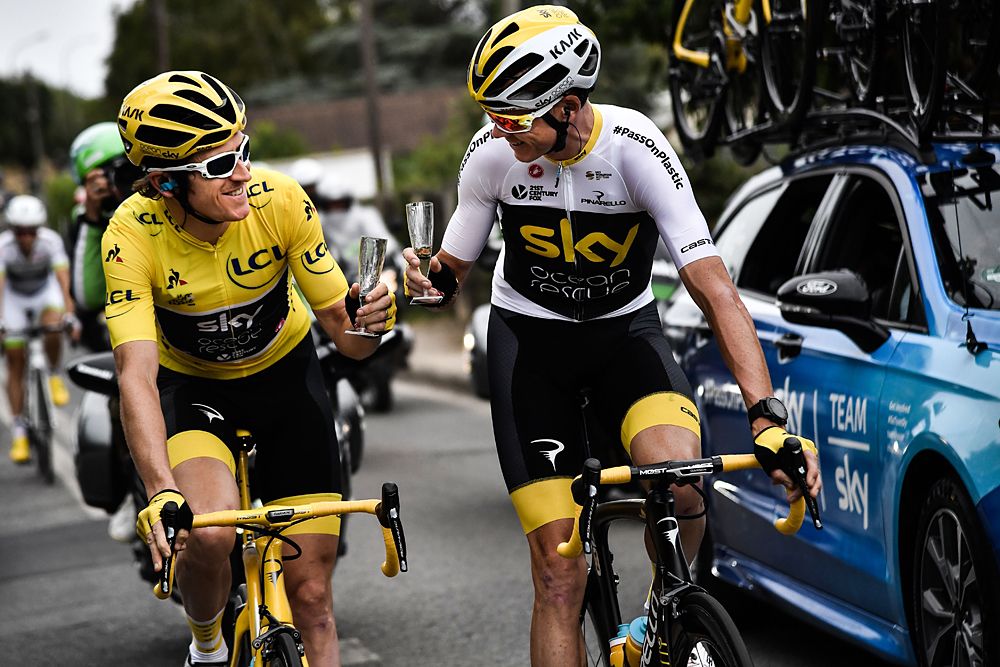 Tour de France winner Geraint Thomas and teammate Chris Froome on the final stage at the 2018 Tour de France