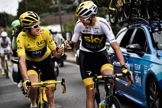 Tour de France winner Geraint Thomas and teammate Chris Froome on the final stage at the 2018 Tour de France