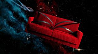 A red coach with seatbelts drifts through outer space