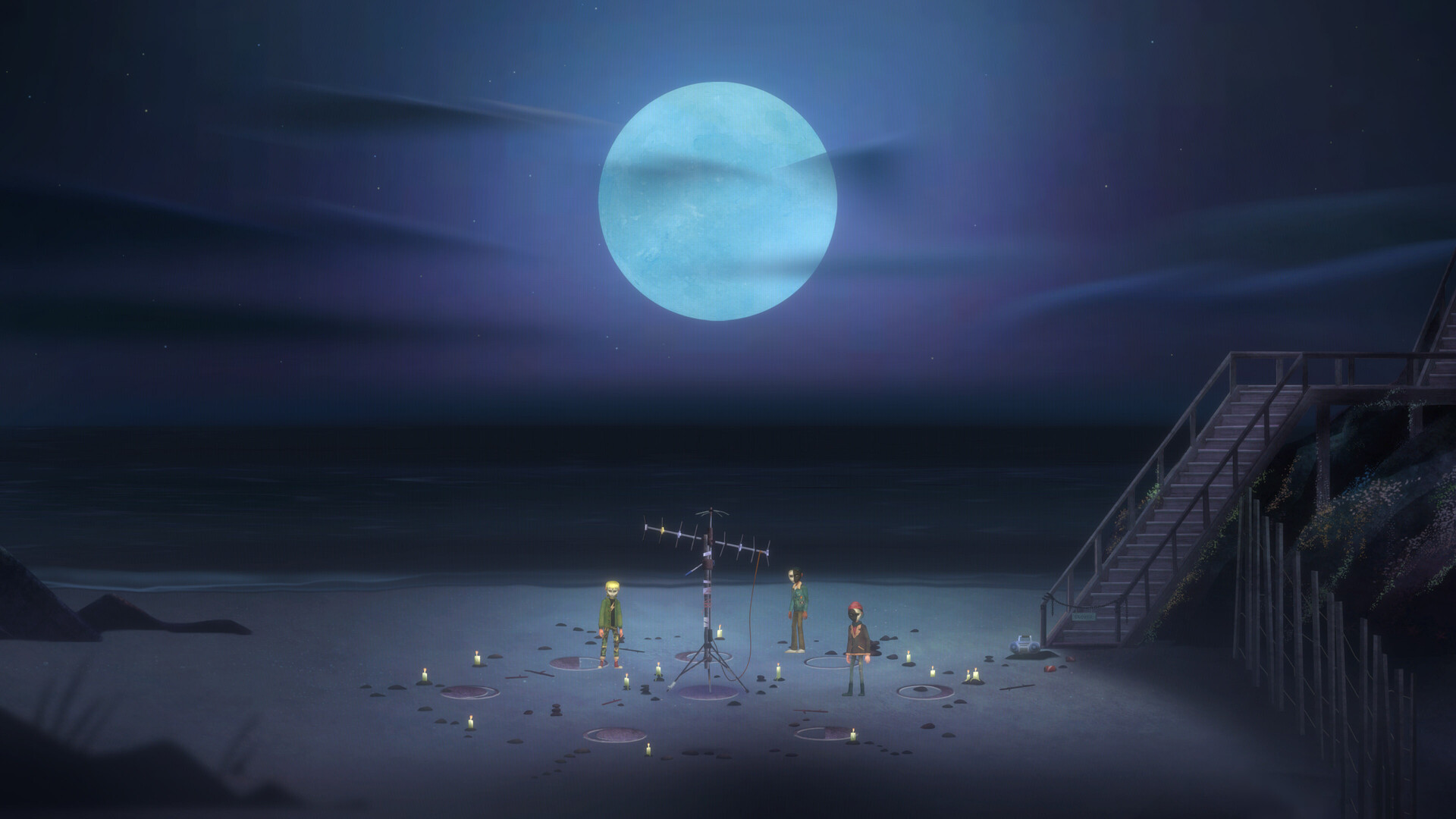 The gang use radio equipment on a beach during a full moon