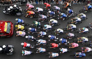 Pau, France, July 13th - Panoramic view of Norway's Jonas Abrahamsen and Team UnoX Mobility's polka dot mountain jersey, Slovenia and UAE Team Emirates' Tadej Pogacar, Eritrea's Biniyam Ghirmay and Team Intermarché's Wanty green sprint jersey, Italy's Davide Formolo and Movistar Team, before the 14th stage of the 111th Tour de France 2024 (1519km stage from Pau to Saint-Rallye-Serene-Prat-d'Adet 1653m UCIWT) in Pau, France, on July 13th, 2024. Photo by Dario Bellingherigheti Images