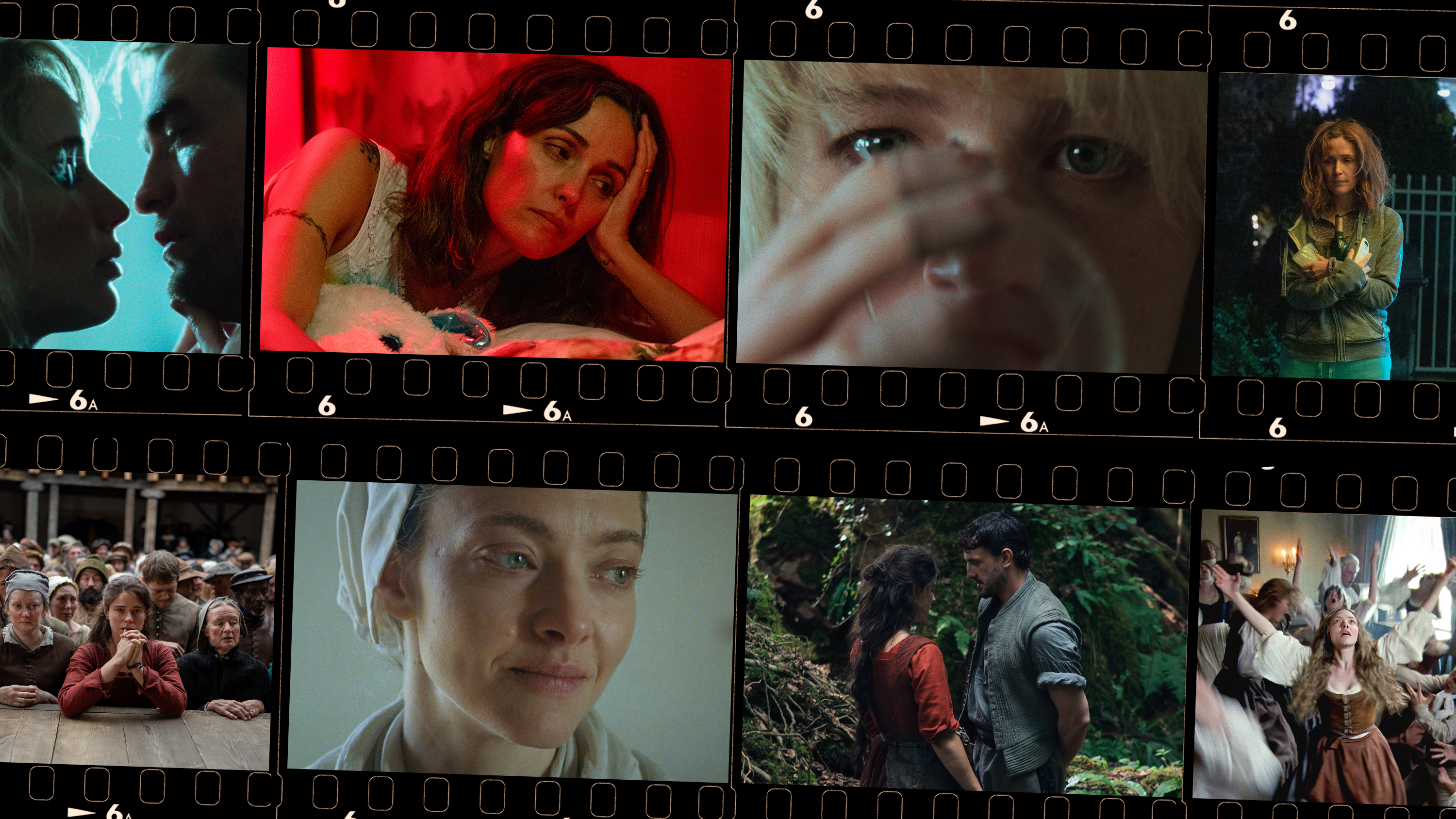 a collage of movie stills from 2025 films about motherhood including rose byrne in if i had legs i&#039;d kick you jennifer lawrence in die my love amanda seyfried in the testament of ann lee and jessie buckley in hamnet