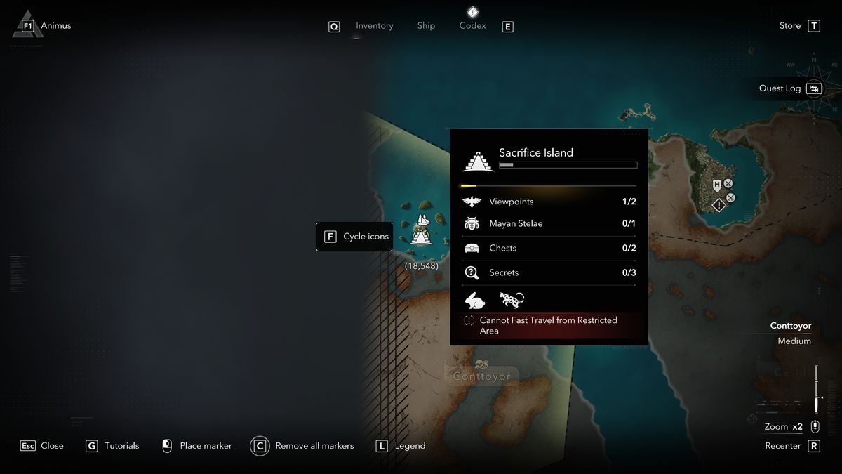 Black Flag Mayan stones: A map showing the location of a Mayan stone/stele on Sacrifice Island, Conttoyor.