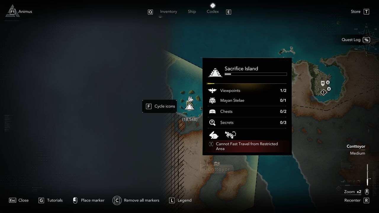 Black Flag Mayan stones: A map showing the location of a Mayan stone/stele on Sacrifice Island, Conttoyor.