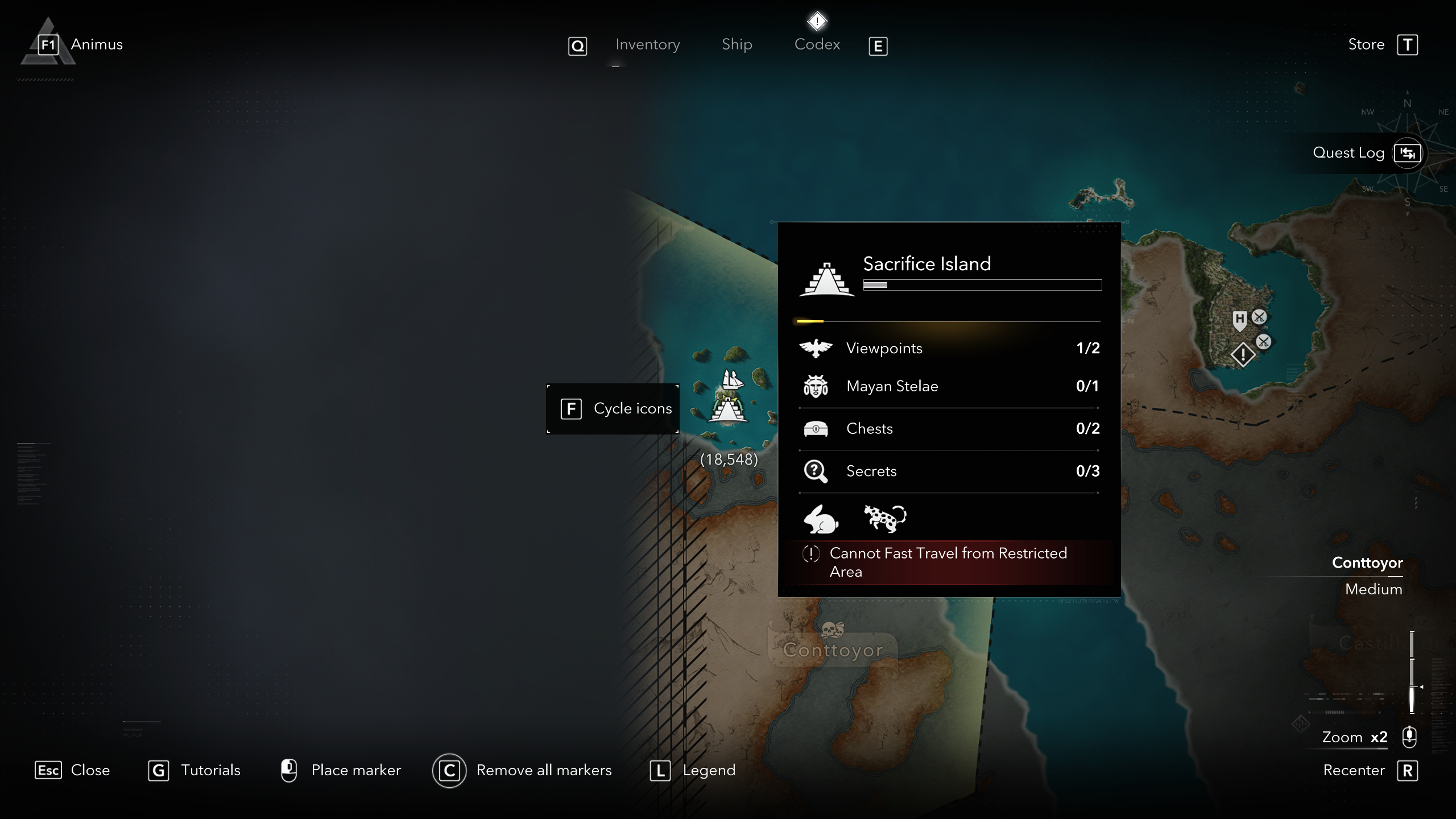 Black Flag Mayan stones: A map showing the location of a Mayan stone/stele on Sacrifice Island, Conttoyor.