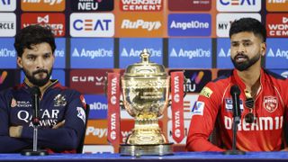 AHMEDABAD, INDIA - JUNE 2: Rajat Patidar of Royal Challengers Bengaluru (L) and Shreyas Iyer of Punjab Kings (R) during the 2025 IPL Final match Captain's Photocall at Narendra Modi Stadium on June 2, 2025, in Ahmedabad, India. (Photo by Surjeet Yadav/MB Media/Getty Images)