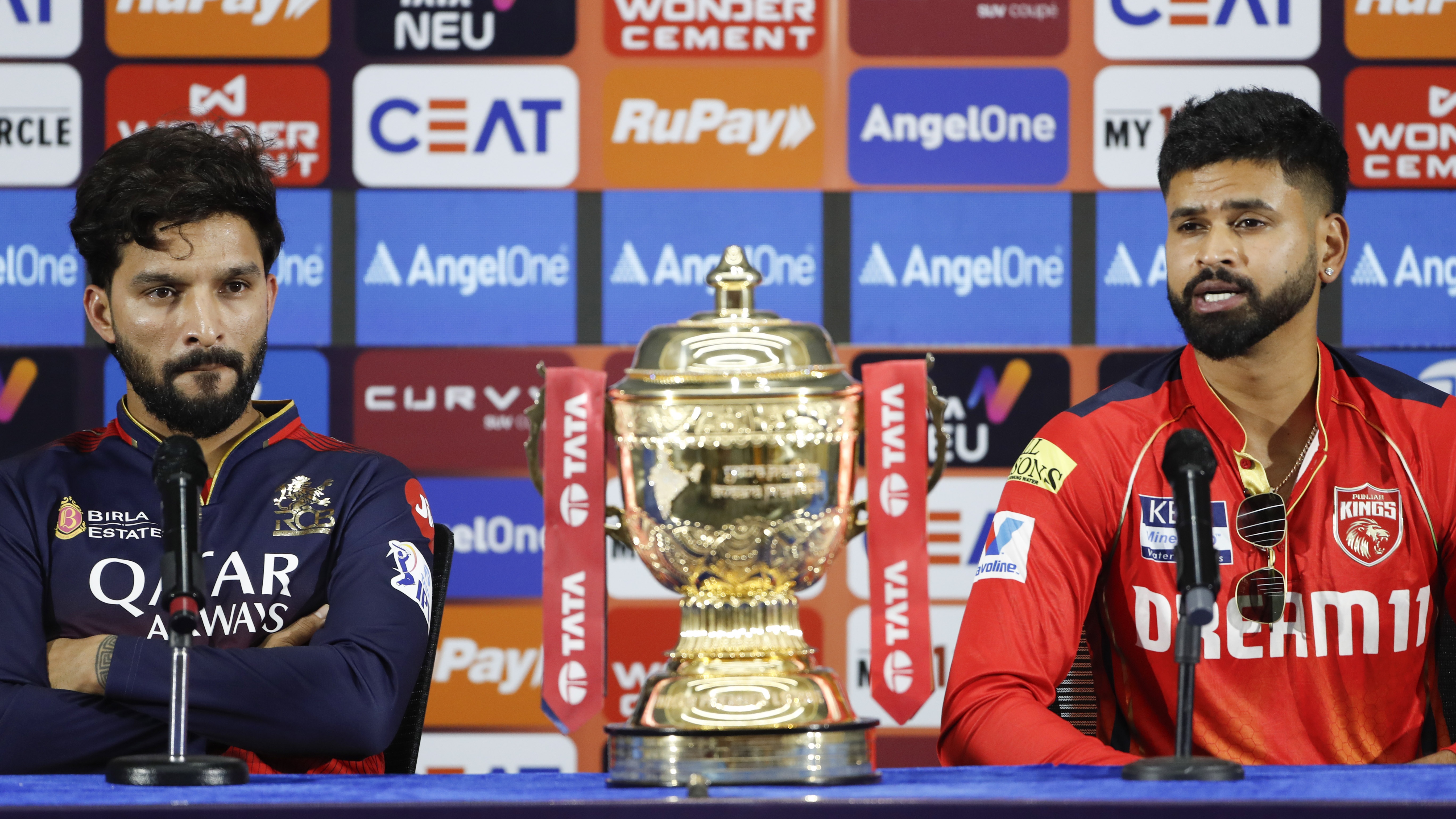 AHMEDABAD, INDIA - JUNE 2: Rajat Patidar of Royal Challengers Bengaluru (L) and Shreyas Iyer of Punjab Kings (R) during the 2025 IPL Final match Captain&#039;s Photocall at Narendra Modi Stadium on June 2, 2025, in Ahmedabad, India. (Photo by Surjeet Yadav/MB Media/Getty Images)