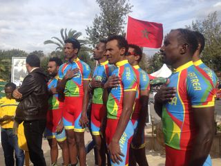 Tesfom Okubamariam, front, with the Eritrean team