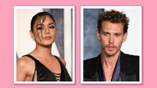 Vanessa Hudgens and Austin Butler pictured in a pink two-picture template/ Vanessa wears a black dress and Austin wears a grey silk shirt and black blazer
