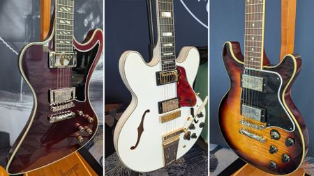 Three of Epiphone's new-for-2026 guitars, on display at the 2026 NAMM show in Anaheim, California