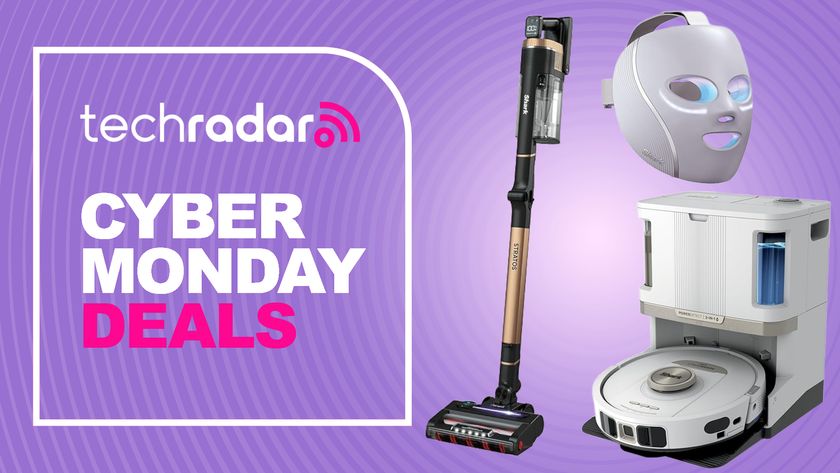 A selection of Shark products are arranged against a purple background. To the left, text reads: TechRadar Cyber Monday deals.