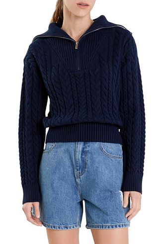 Quarter Zip Cable Knit Cotton Sweater