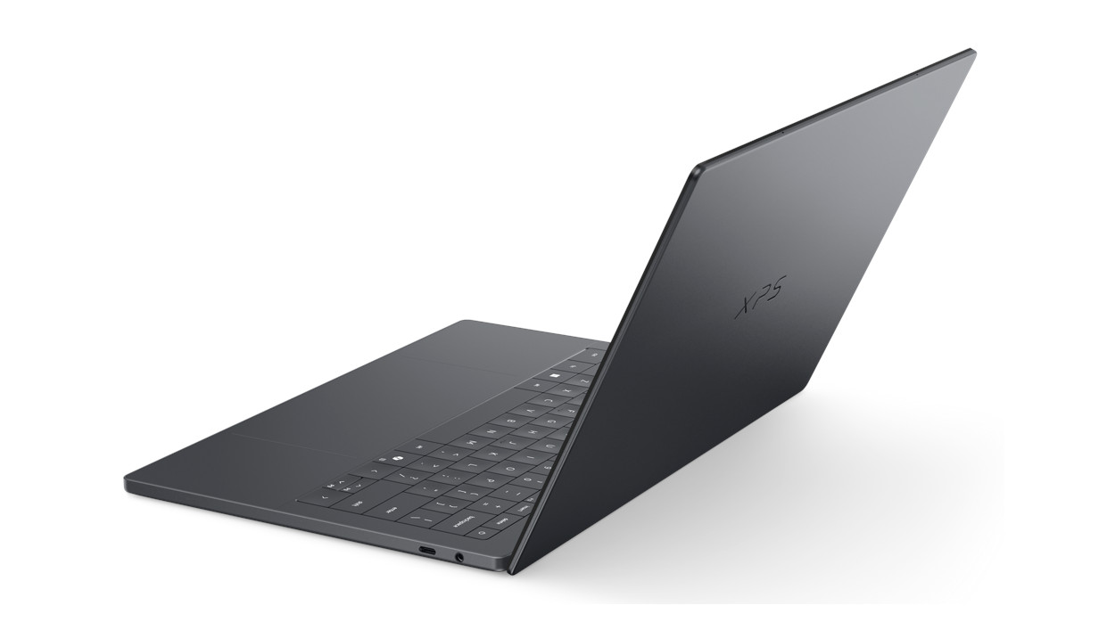 Dell XPS 14 laptop shown from the rear at an angle
