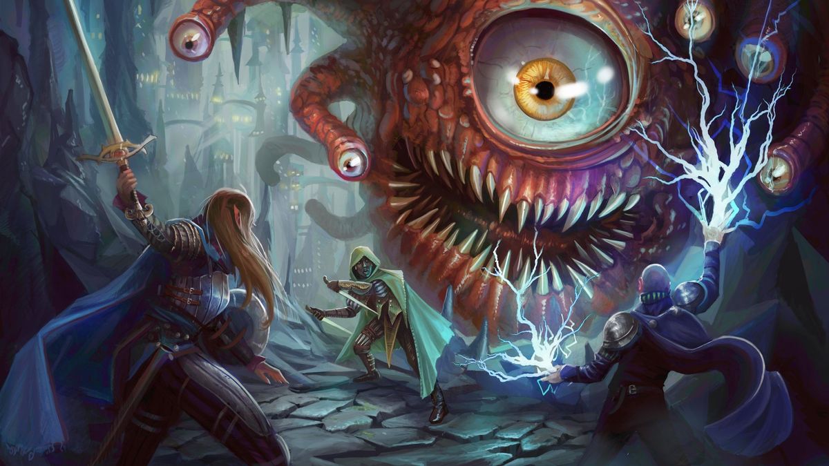 Warriors and wizards battle a D&amp;D Beholder.