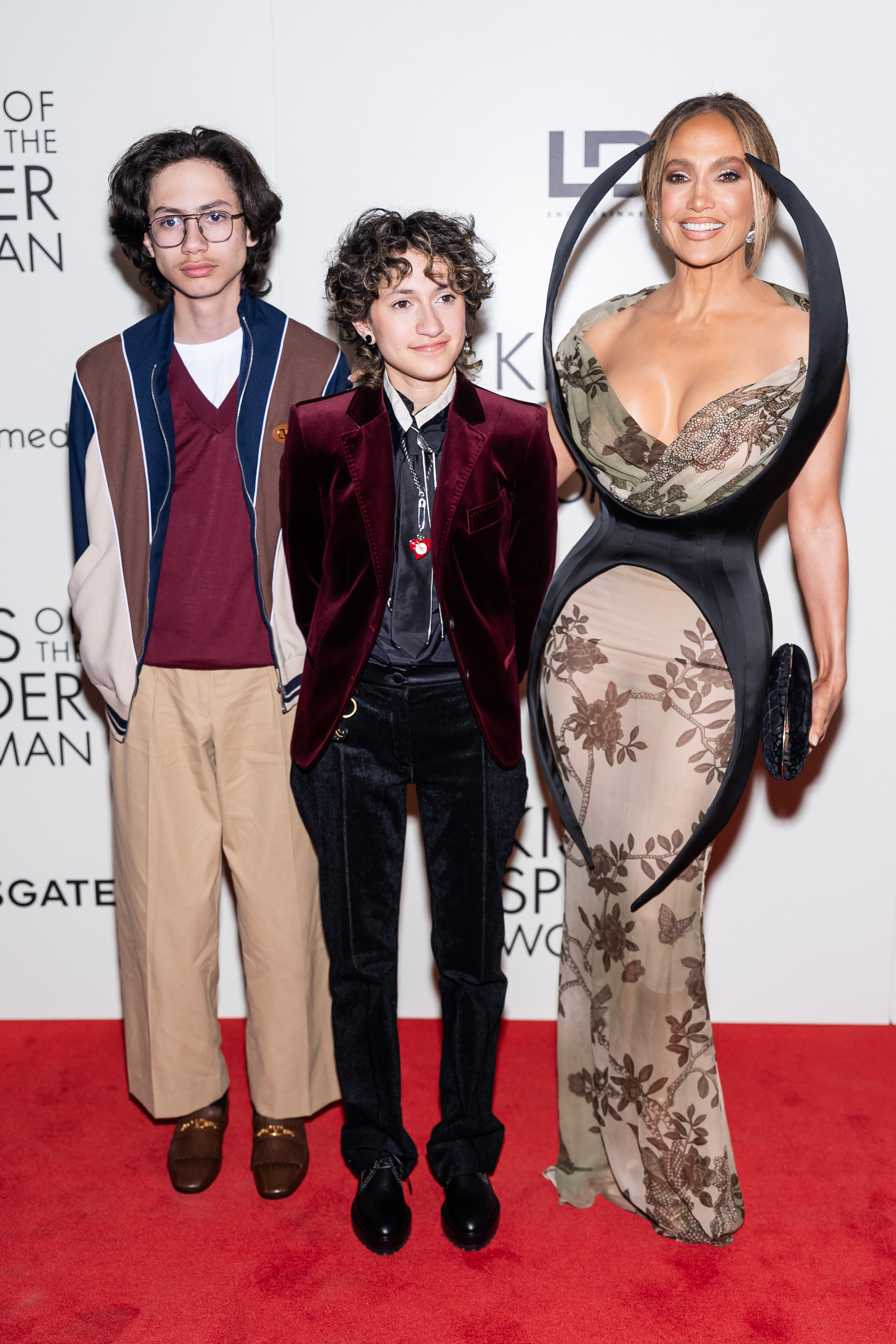 NEW YORK, NEW YORK - OCTOBER 06: (L-R) Max Muniz, Emme Muniz and Jennifer Lopez attends the "Kiss of the Spider Woman" New York Screening at The Shed on October 06, 2025 in New York City. (Photo by TheStewartofNY/WireImage)