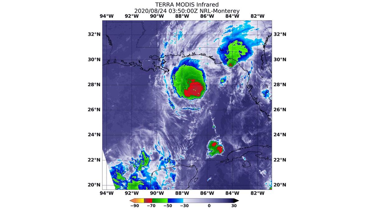 The MODIS instrument aboard NASA's Terra satellite captured infrared views of Tropical Storm Marco as it moved toward the coast of Louisiana on Aug. 24, 2020.