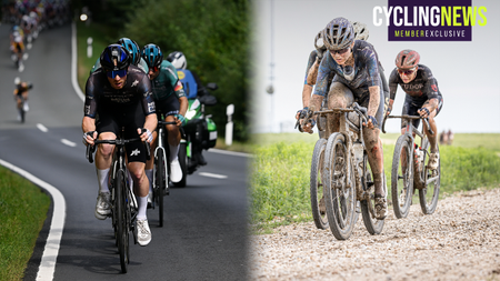 Cyclists riding at the Deutschland Tour (left), alongside female riders competing in the Unbound 200.