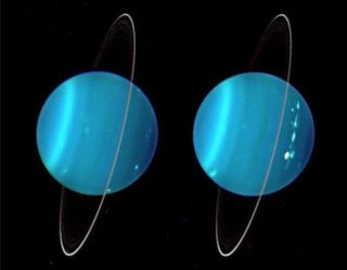 This composite image, created in 2004 with Keck Observatory telescope adaptive optics, shows Uranus' two hemispheres.