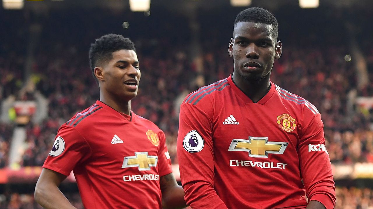 Paul Pogba celebrates a goal with Manchester United team-mate Marcus Rashford