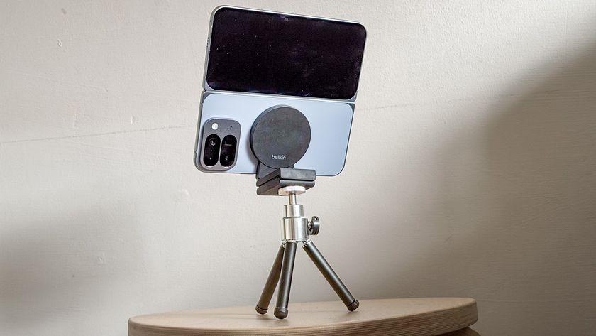 Google Pixel 10 Pro Fold on a tripod with a Belkin MagSafe stand, facing away from the camera