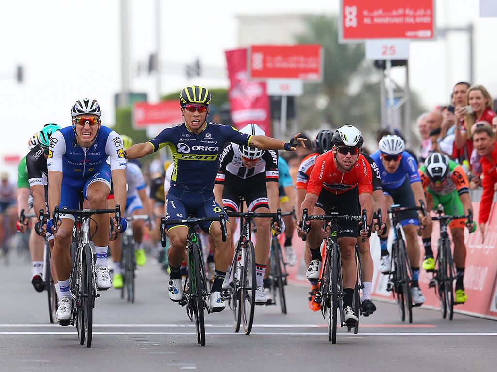 Caleb Ewan celebrates too early and gets pipped at the line by Marcel Kittel at the Tour of Oman
