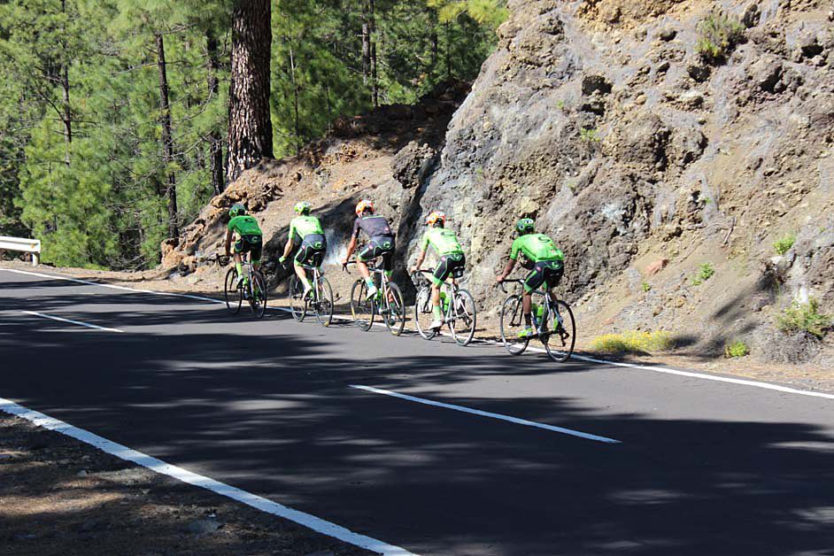 The Cannondale riders ride single file