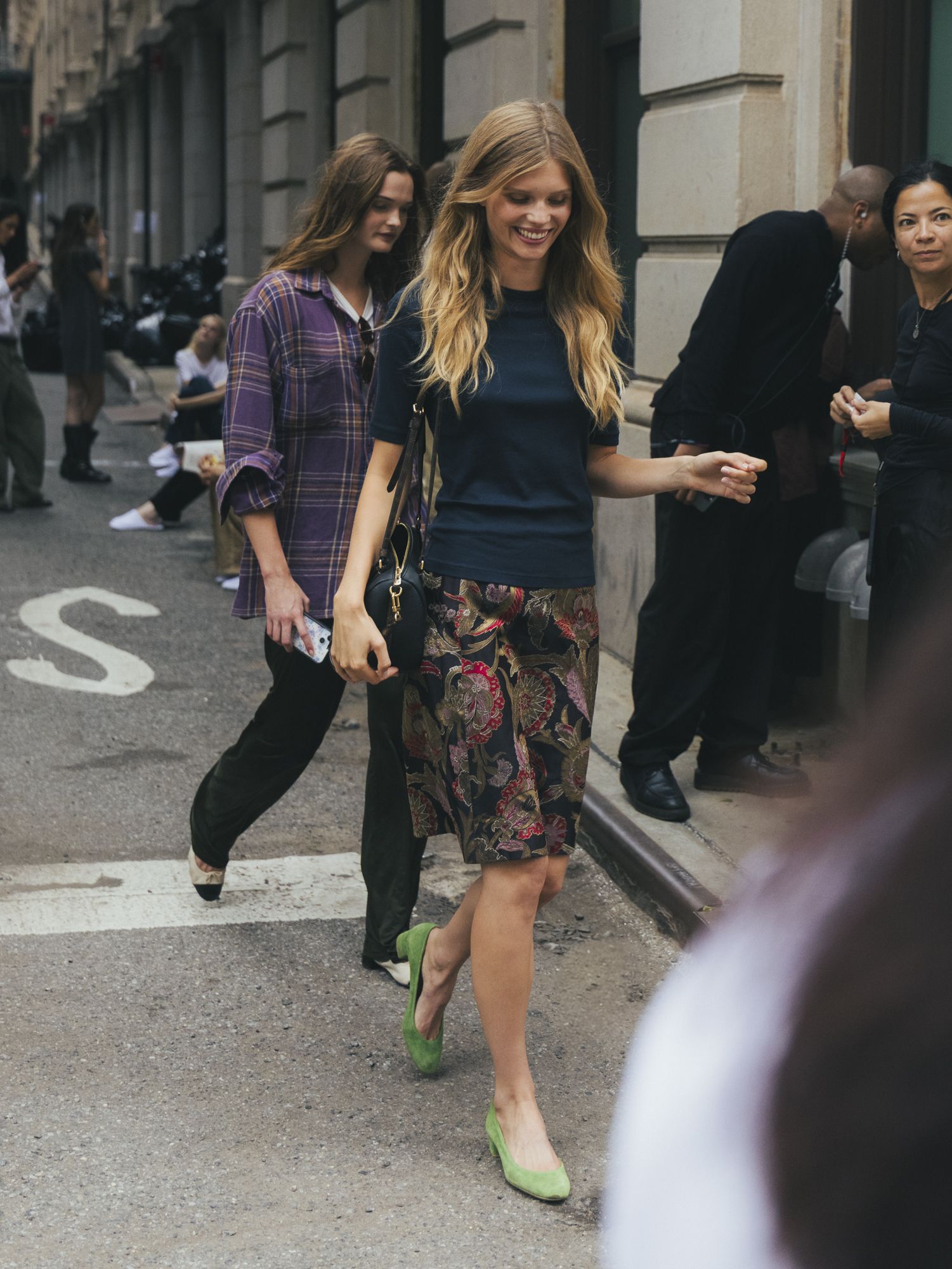 A guest wore the statement skirt trend at New York Fashion Week 2026