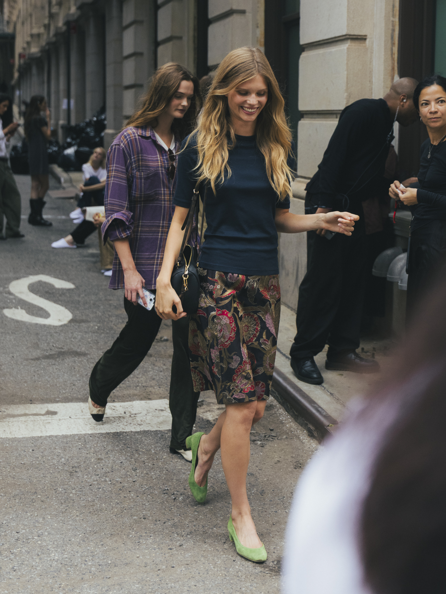 A guest wore the statement skirt trend at New York Fashion Week 2026