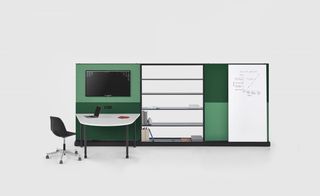 Movable desk, storage and office wall on wheels for easy arrangement.