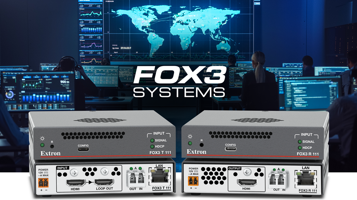 Extron's Fox3 series superimposed in front of a mission-critical command center. 