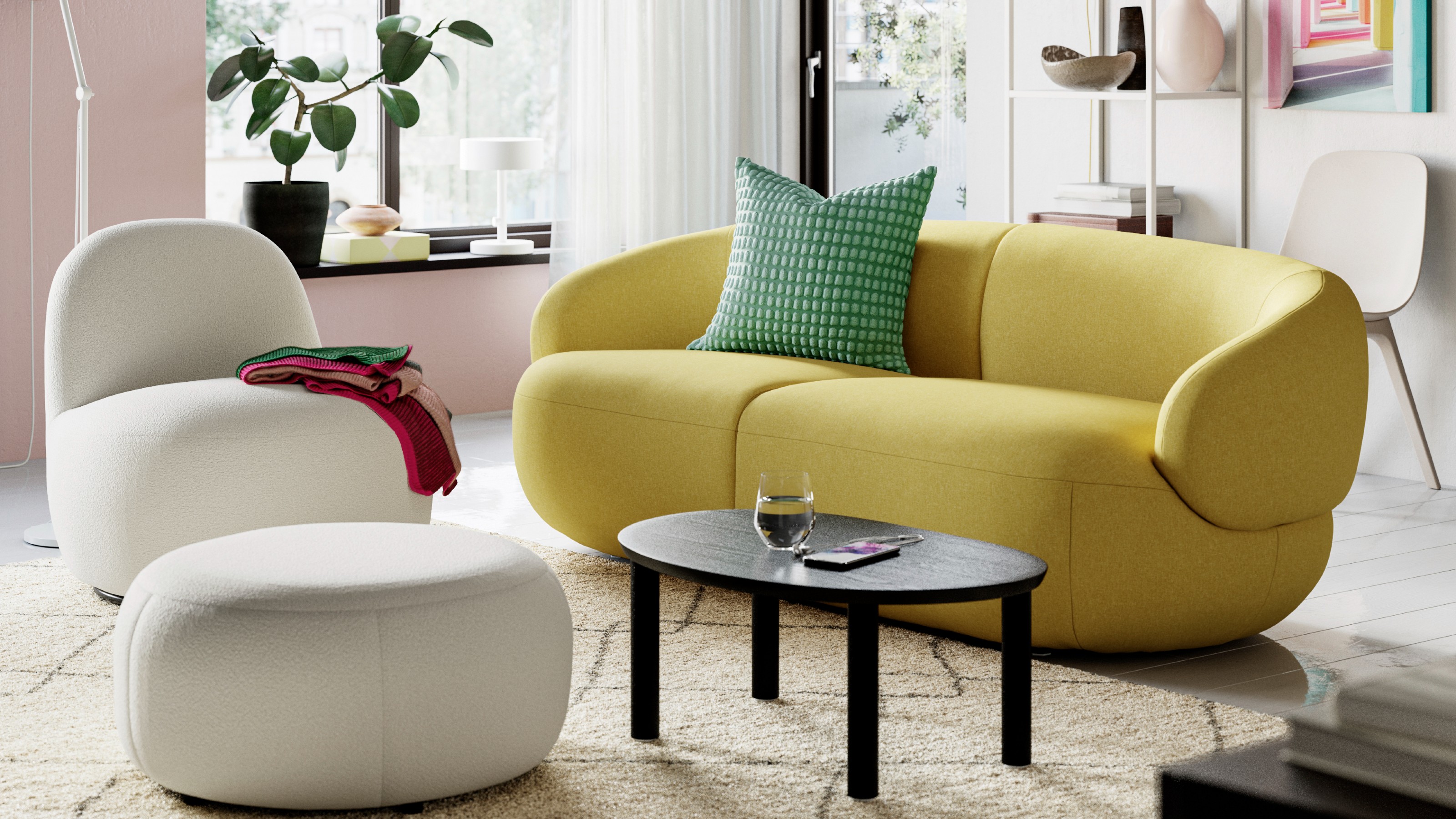 IKEA's 3-seater LILLESATER sofa in yellow in a living room with a white swivel chair and pouffe from the LILLESATER collection