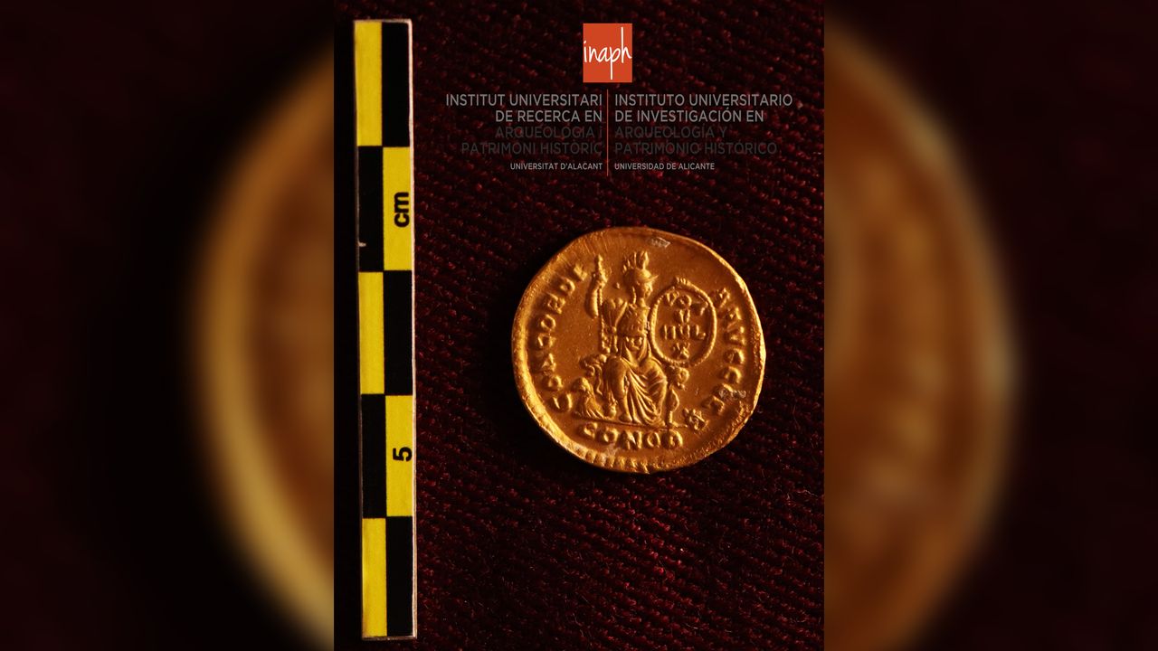 One of the coins from the hoard, which dates to the late fourth and early fifth centuries.