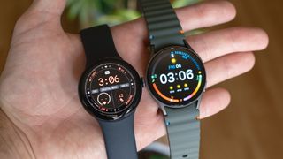 The Pixel Watch 3 in 41mm next to the Samsung Galaxy Watch 7 in 40mm.