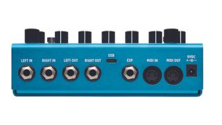 A photo showing the front of the Strymon BigSky MX pedal with inputs, outputs, power input and more