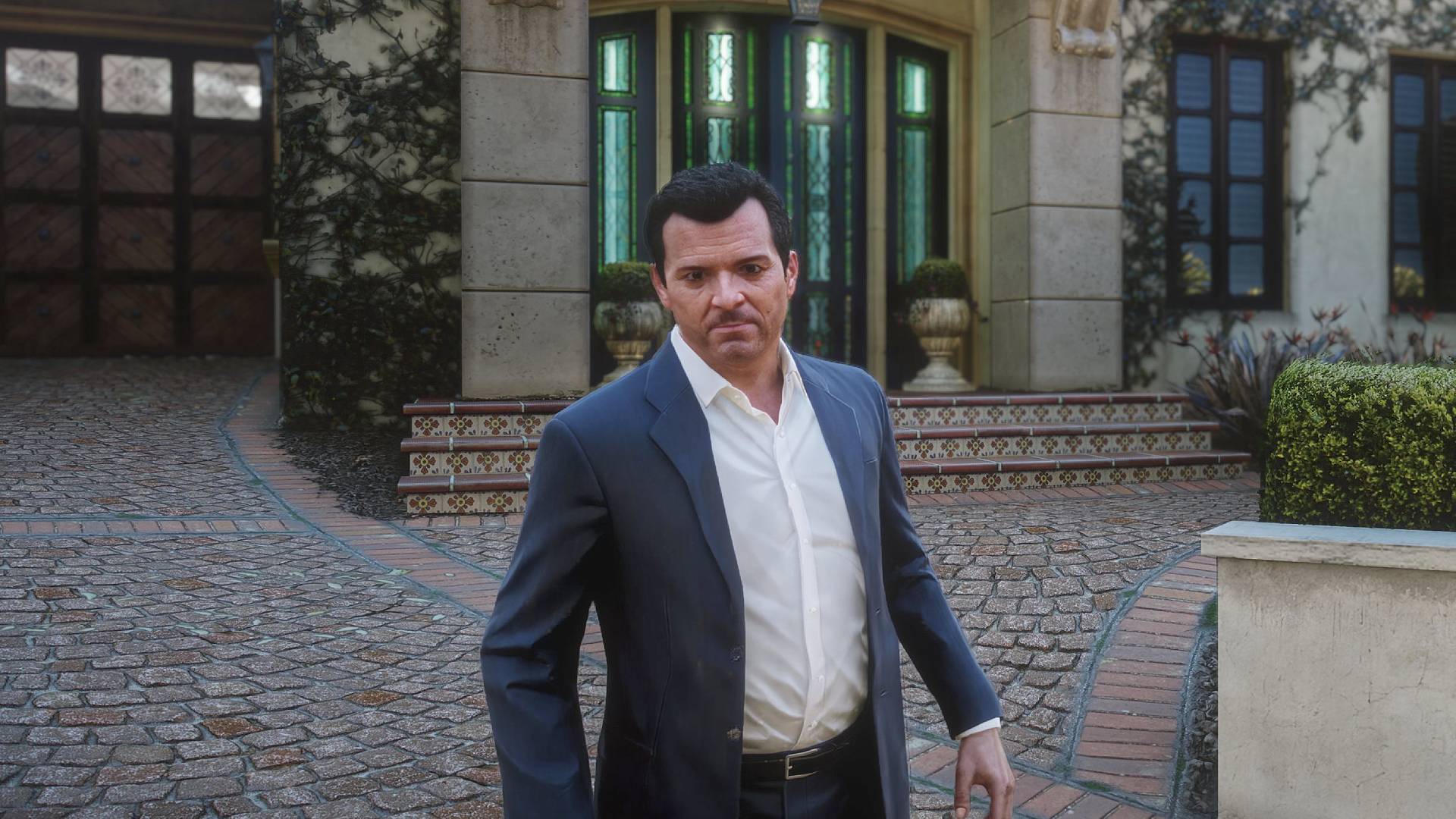 Screenshot of DLSS 5 enabled in GTA 5 with Michael standing outside house.