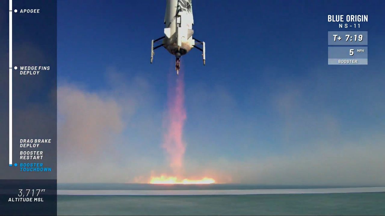 Almost there: Blue Origin's New Shepard approaches its landing pad on NS-11. It was the fifth landing for this booster and 11th mission overall for Blue Origin.