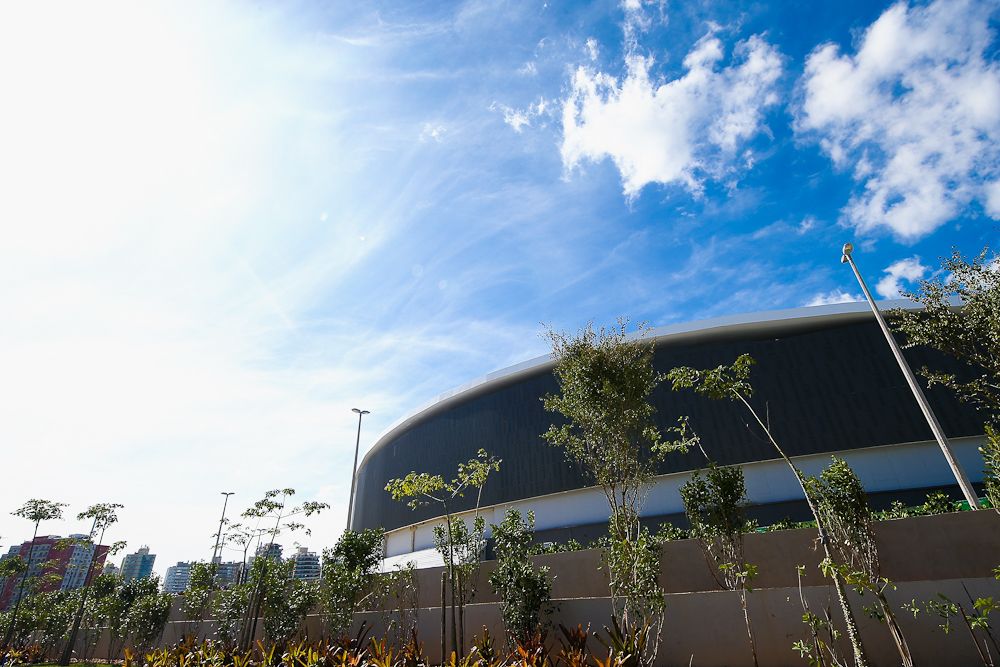 An outside view of the completed Olympic velodrome in Rio.