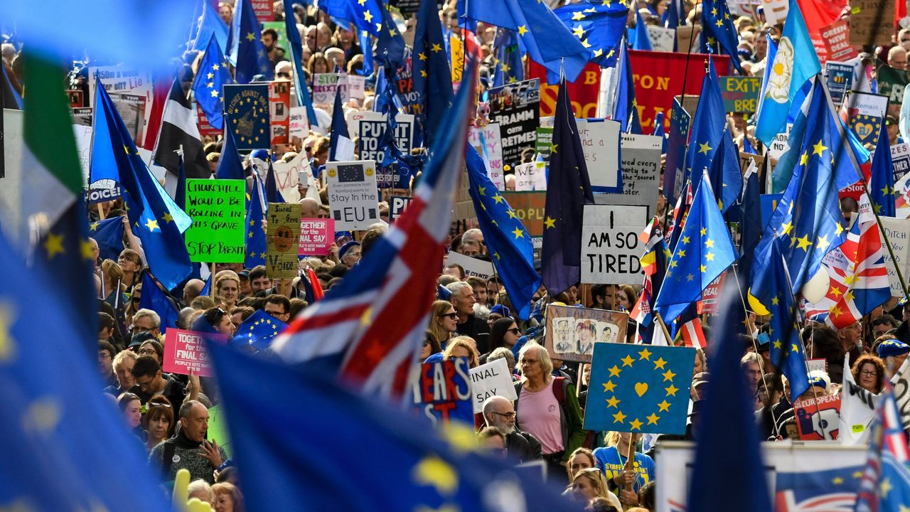 Demonstrators hold placards and EU flags as they take part in a march by the People&amp;#039;s Vote organisation.