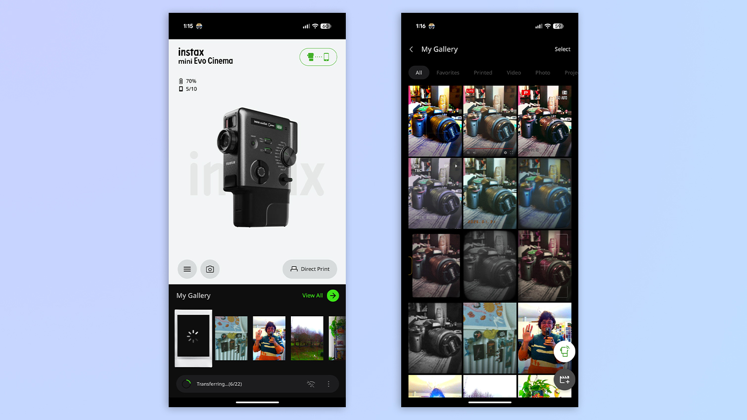 Screenshots of the Fujifilm Instax mini Evo app