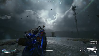 Arc Raiders player on top of building roof looking at grim clouds and debris