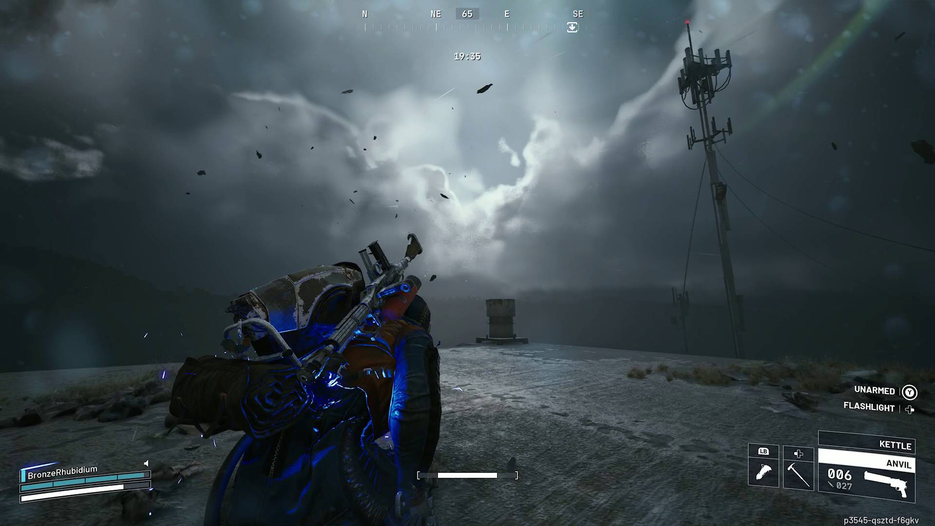 Arc Raiders player on top of building roof looking at grim clouds and debris