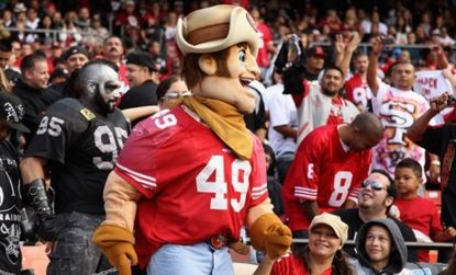 The San Francisco 49ers mascot revs up the crowd during Saturday's game against the Oakland Raiders: After fan violence at the game, the 49ers pulled out of future preseason matchups with the