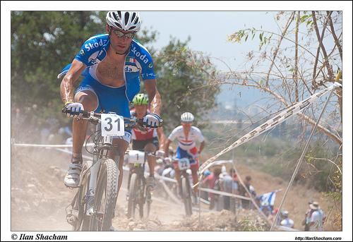 Johnny Cattaneo (Italy) leads a group of riders.