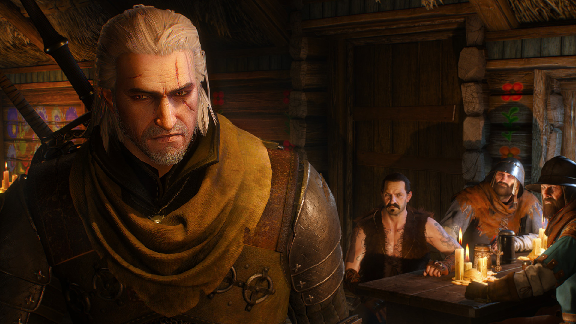 Gerlat in a bar with a group behind him looking at him in distaste during the RPG The Witcher 3: Wild Hunt