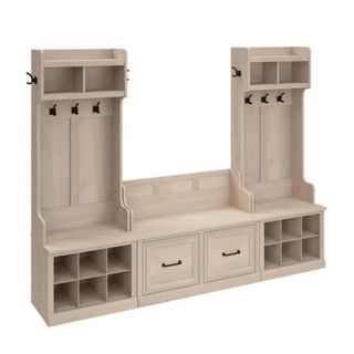 mudroom storage 3 piece set in pale gray, bench seating, cubby holes and hooks