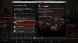 Diablo 4 World Tiers listed, looking at Veteran difficulty