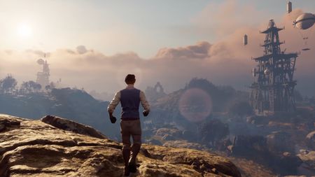 Nightingale character stands back to the camera looking out over a vast landscape with baloons and a tall base.