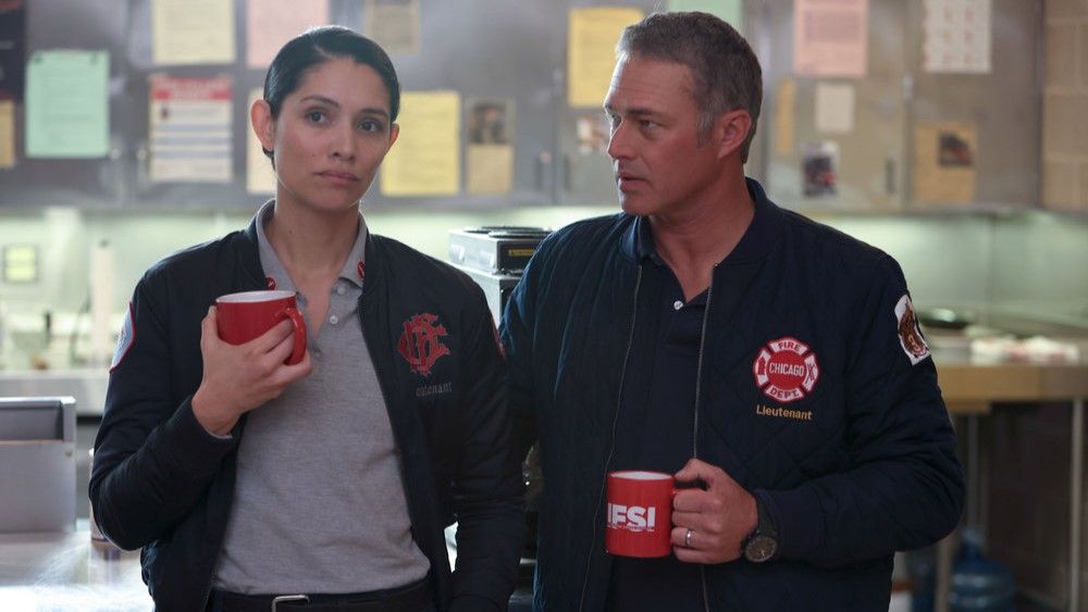 Miranda Rae Mayo as Stella Kidd, Taylor Kinney as Kelly Severide in Chicago Fire season 12