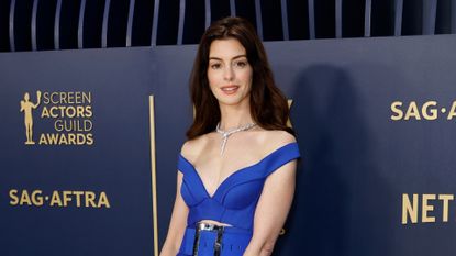 Anne Hathaway gives a subtle nod to 'The Devil Wears Prada' on the 2024 SAG Awards Red Carpet. 