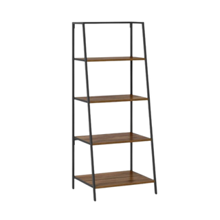 A brown tiered ladder bookshelf